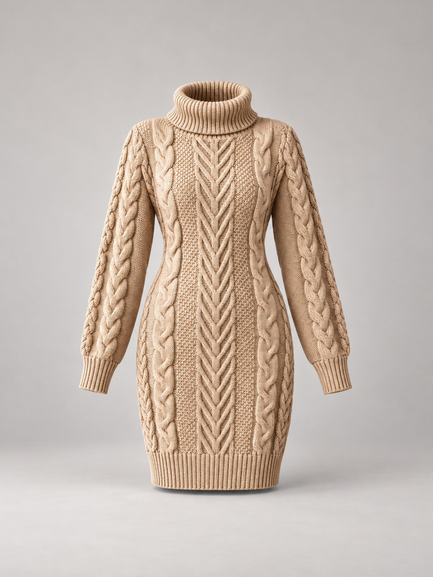 100% Polyester Cable-Knit Turtleneck Sweater Dress – Women – studio